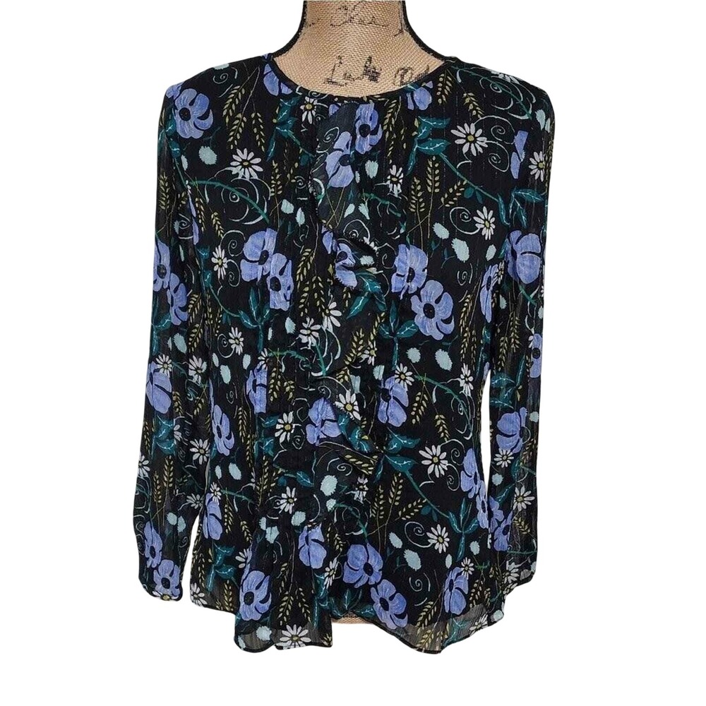 Banana Republic Womens Small Black Blue Floral‎ Ruffle Metallic Chiffon Blouse